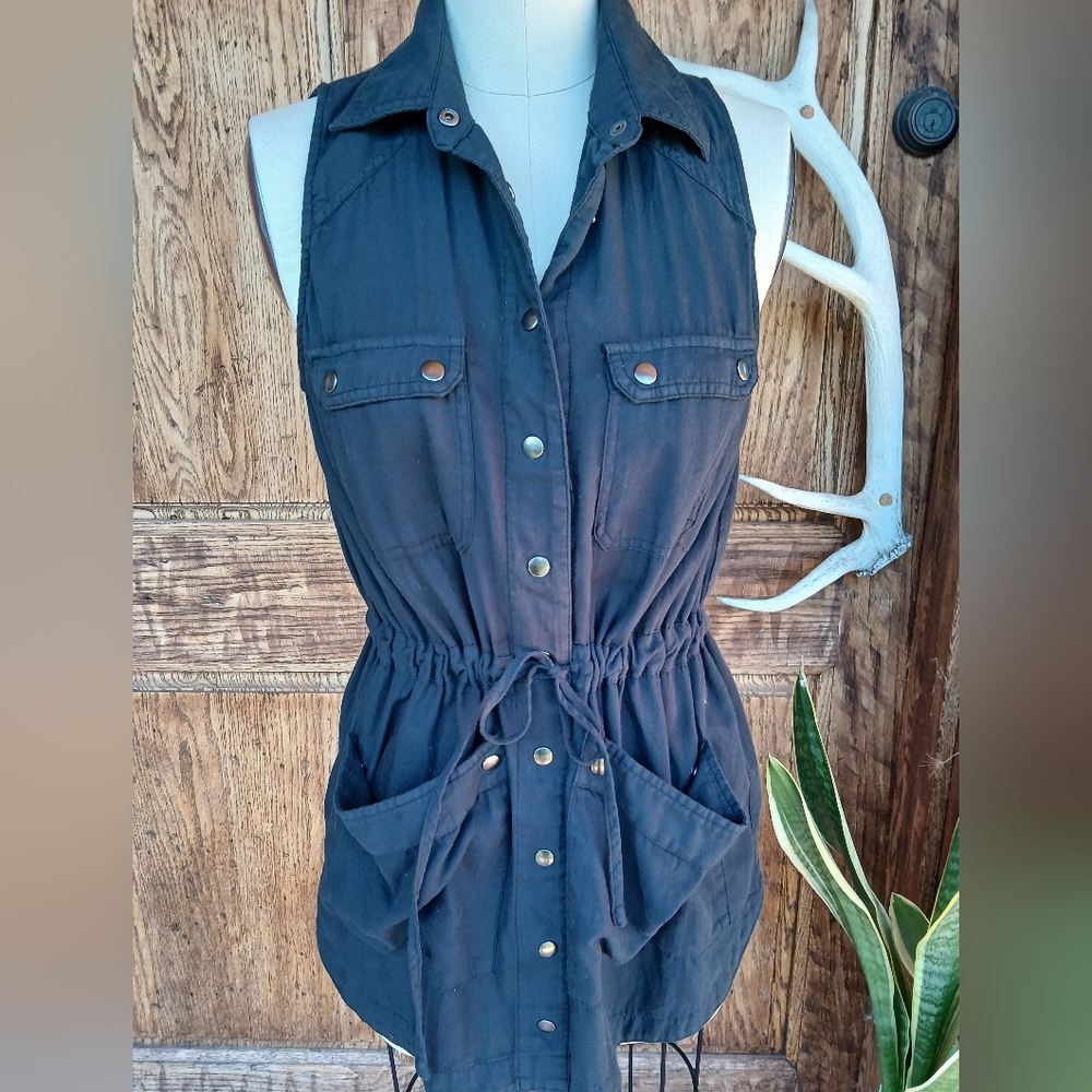 FREE PEOPLE Too FAR BLACK LONG TUNIC Utility Cargo Vest XS Sleeveless Button Up